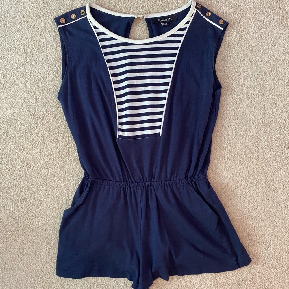 Striped Romper w/ Pockets & Buttons Forever 21